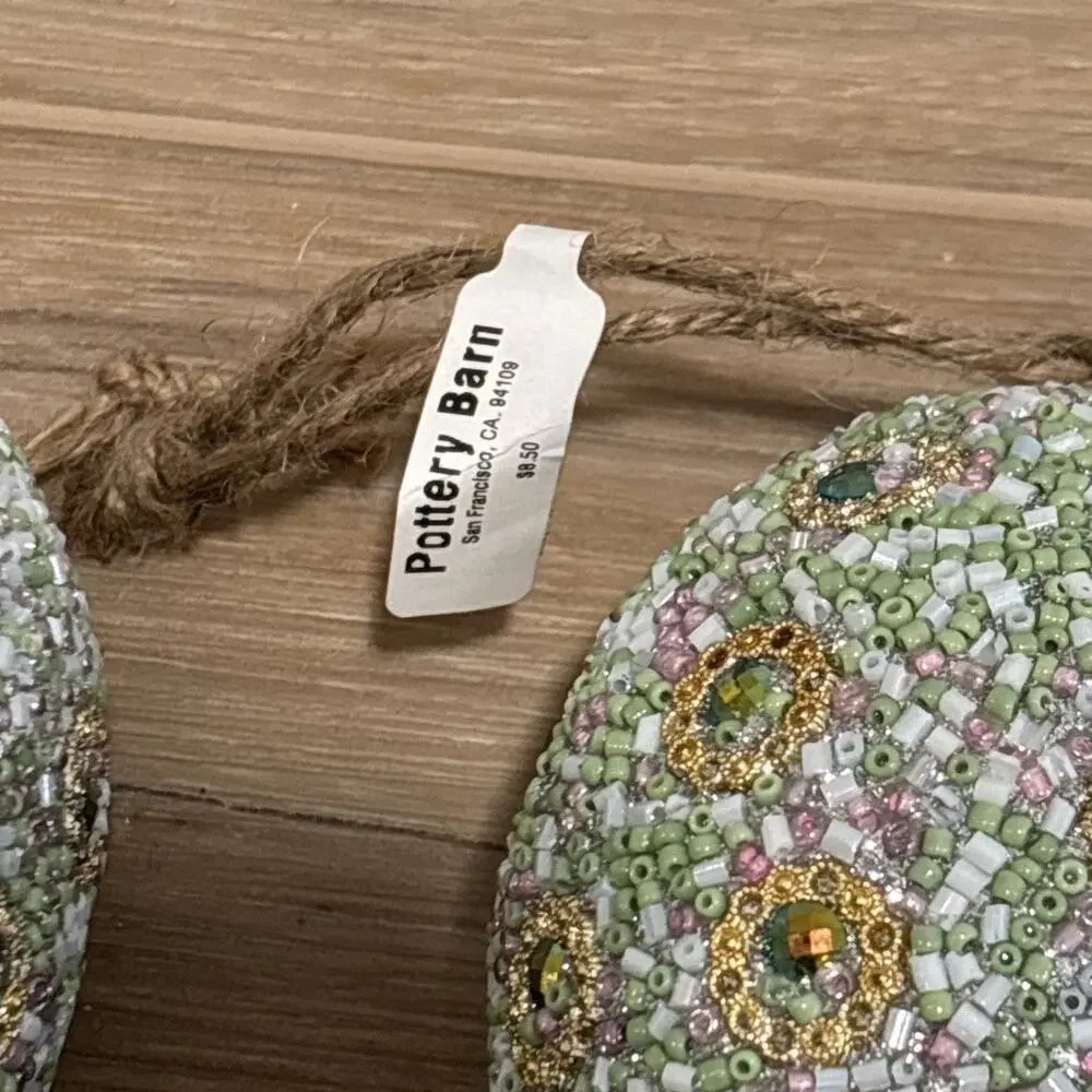 Pottery Barn Large Easter Beaded Ornament Egg Set Of 2 Mint Green Pink Gold